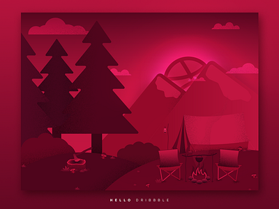 Hello Dribbble! axe campaign clouds debut dribbble hello illustration landscape mountain pink tree