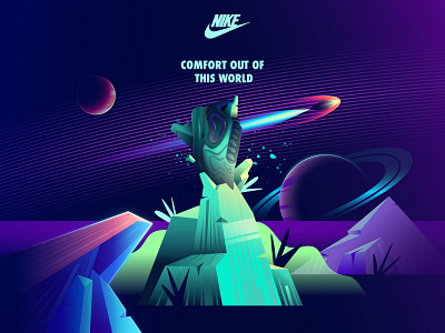 Nike - Comfort out of this world 2 advertising animation box design cosmic fashion design green illustration landscape neon nike nike air max packaging packaging design sneaker sneakerhead space spaceship vector