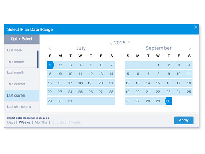 Select both date range and date display aggregate date date aggregate date range days flexible date selector months quarters quick select weeks years