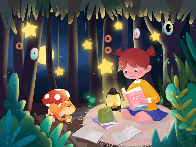 Forest reading club banner girl illustration night people reading star