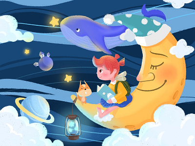 Girl's dream app book design girl illustration night sky star
