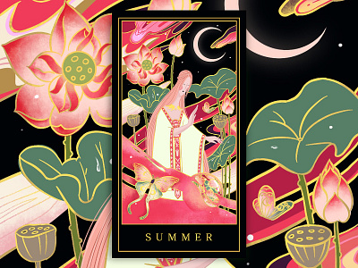 Four season cards-summer app banner design girl illustration night