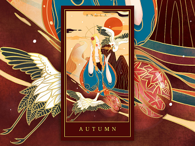 Four season cards-autumn autumn banner chinese style design girl illustration 设计