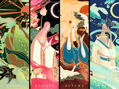 Four season cards autumn banner design illustration spring summer winter