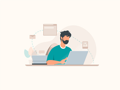 Back to work artist back to work beard computer design dribbble flat flower illustration images laptop mail man pictures simple tablet vector window working