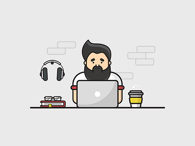 Lets Chit Chat bearded book cool flat glasses grey guy headphones illustration illustrator lamp laptop vector