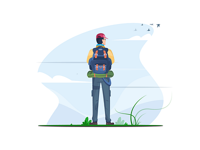 Traveller bagpack character clouds grass hills illustration illustrator male men peace solo solo traveller traveller vector wanderlust