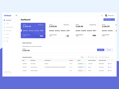 Virtual Cards Dashboard app branding dashboad design minimal ui ux virtual card wallet web