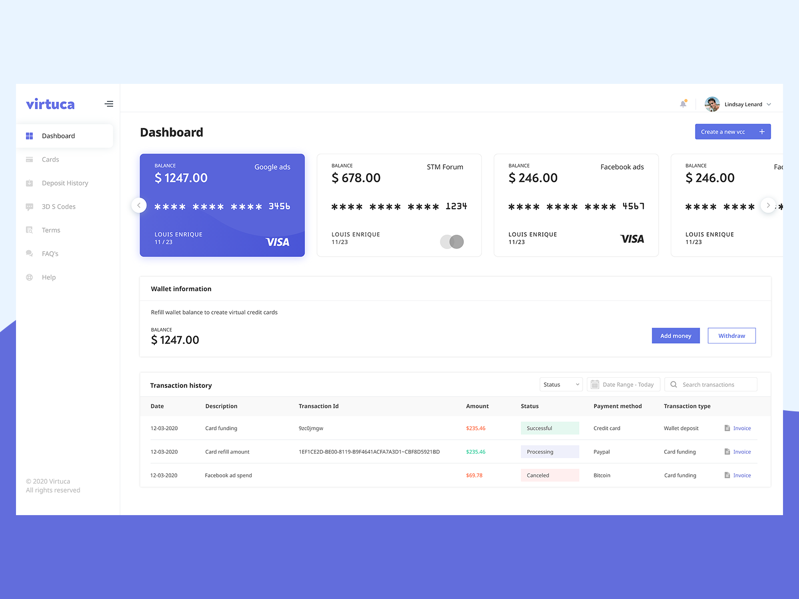 Virtual Cards Dashboard by Preetam Reddy Pothala on Dribbble
