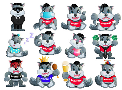 Wolf sticker pack, emoji set animal beer boss cartoon character child collection dog emoji funny kids set sticker wolf