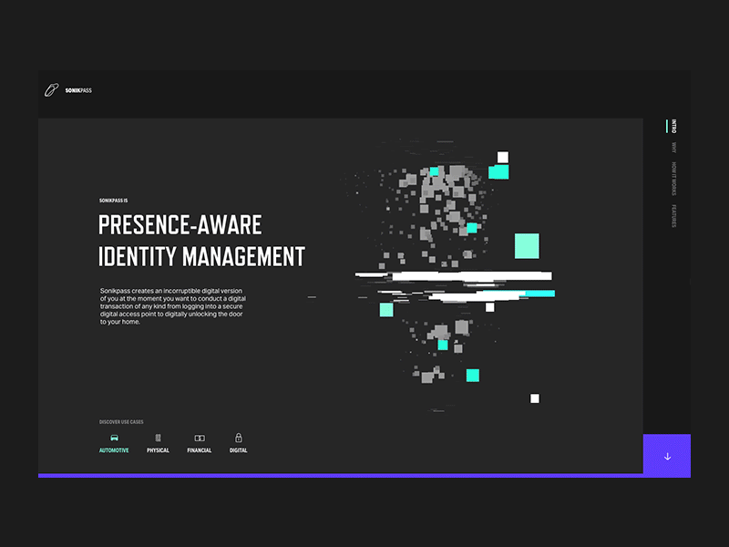SonikPass animation automotive blockchain dark fintech motion privacy security startup ui ux webgl