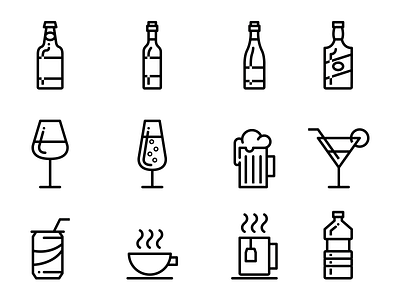Drinks - Lipo Outline Icon Set beer cocktail coffe drinks gin soft drink tea water whiskey wine