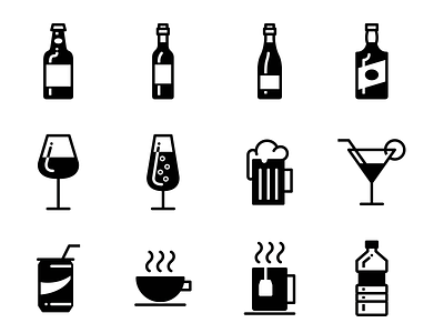 Drinks - Lipo Glyph Icon Set beer cocktail coffe drinks gin soft drink tea water whiskey wine