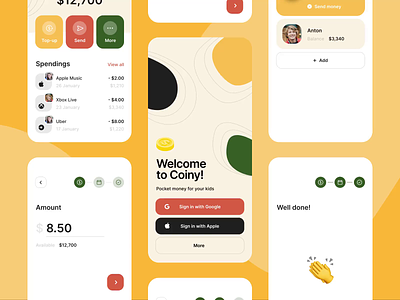 Coiny app – Pocket money for your kids balance bank app banking card coin finance finance app fintech fintech app goal kids mobile money parents savings schedule stats transfer wallet