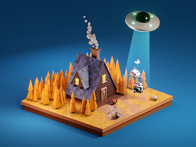 UFO takes cows blender blender3d chicken cinema4d cow forest illustraion low poly lowpoly ufo wood
