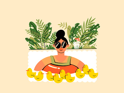 Duck pool color colorfull ducks fern girl illustration illustrator jungle peach plants pool procreate