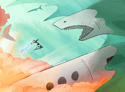 Elvis vs Shark applepencil color composition explosion illustration pastel shark