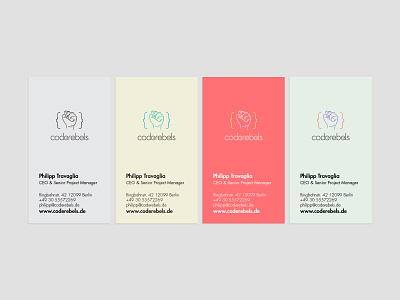 Coderebels proposed "Visual Identity" redesign bussines card card colorful logo minimal pastel pastel color stationery design