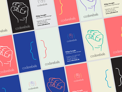 Coderebels proposed "Visual Identity" redesign bussines card ci code coloful development agency diverse diversity fist pantone pastel pastel colors rebellion stationery stationery design vi visual identity
