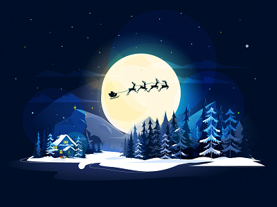 Christmas night 2d 2d animation christmas colors deers design flat forest holiday illustration lights magic night santa trees vector