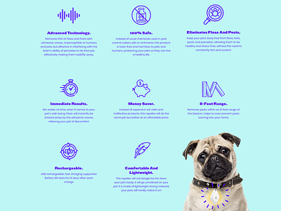 🦟 Ultrasonic Pest Repeller - features 🐶🦟 clean design dog features illustration landing page pet pet care ui webdesign website