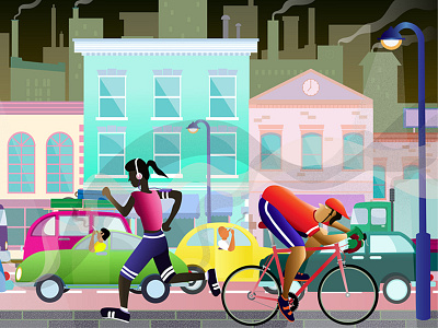 Pollution and Exercise... city cityscape congestion cycling editorial exercise illustrator jogging pollution