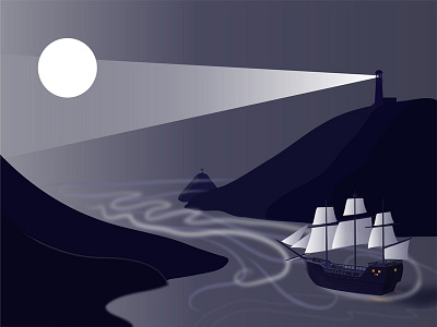 Light galleon illustrator light lighthouse moon peace solitude