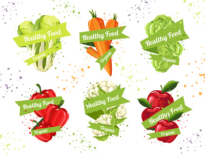 Healthy organic food sticker set, vector illustration. bell peppers brussels cabbage carrot design eggplant element food healthy illustration label lettuce natural organic ribbon set sprouts sticker tomato vector