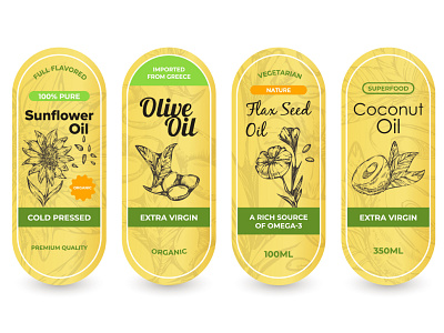 Label design for packaging oil almond banner coconut design extra virgin flax seed illustration label logo oil olive omega 3 organic peanut product sketch sunflower vector vegetarian