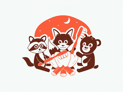 Kids camping and dental health animal bear campfire dental fox illustration logo mascot night raccoon sky tooth