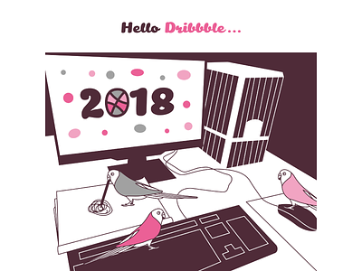 Hello Dribbble 2018 bird cage computer dribbble hello new year purple workspace