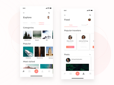 Travel app Explore & Feed screens (WIP)