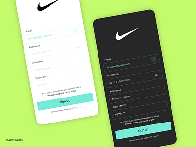 Nike Signup Page - DailyUI #001 001 adobe xd color creative daily 100 challenge daily ui dailyui dailyui 001 dailyuichallenge dark mode dark theme ui login nike register shopping sign in signup signup page signupform uiux