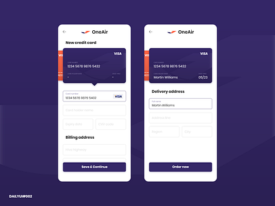 OneAir - Credit Card Checkout airline airplane app checkout checkout form creative credit card credit card checkout daily 100 challenge daily ui dailyui dailyui 002 dailyuichallenge design dribbble inspiration order ui ui design ux
