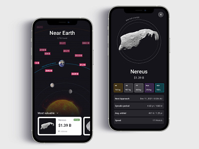 Asteroid hunting app black dark design mobile modern product design space spatial ui ui design