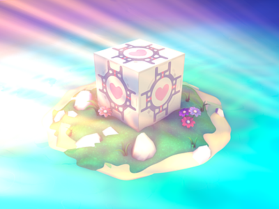 Companion Cube 3d 3dart c4d companion cube game gaming island ocean portal sunrays