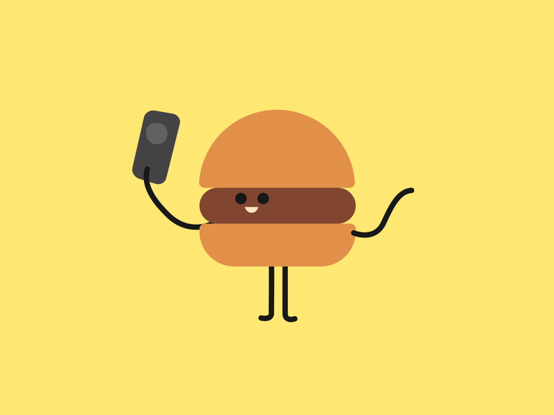 Burger taking selfie 2d aftereffects animate animation appetizing burger character animation character design creative cute eat flat motiongraphics patty phone posing selfie smooth vector yellow