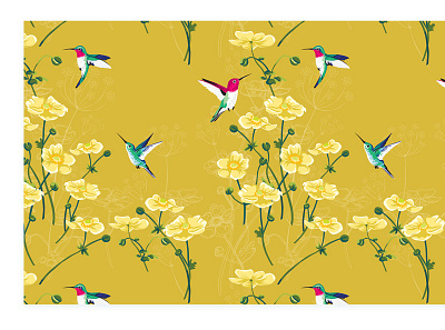 hummingbirds and yellow anemones (textile print) birds fabric fabric design fabric pattern flowers illustration pattern textile