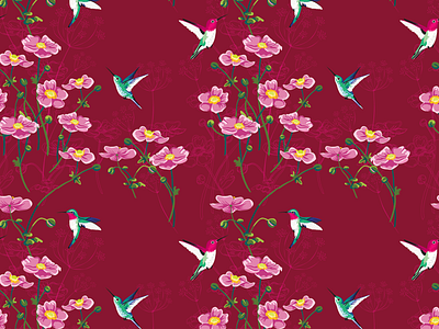 hummingbirds and pink anemones (textile print) birds fabric fabric design fabric pattern flowers illustration pattern textile