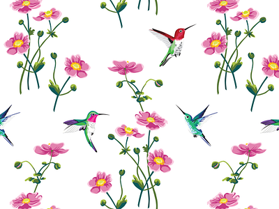 hummingbirds and pink anemones  (textile print)