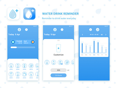 App UI Design - Water Drink Reminder app blue clean clean app cool cool design design icon logo ue ui