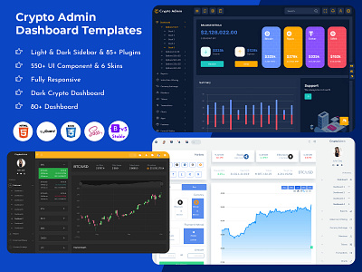 Responsive Cryptocurrency HTML Templates Bitcoin Dashboards UI admin panel admin theme crypto cards cryptocurrency dark theme dashboard ui illustration product design responsive ui design ui framework uiux web design