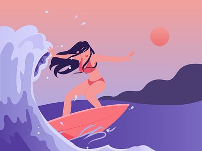 Ocean Surfing 2d illustration beach characterdesign flatdesign flatillustration girl surfing illustration illustrator minimal illustration ocean sunset surfing ui ux waves