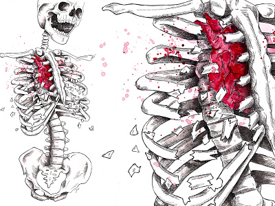 collateral damage bones damage explode hand drawn heart illustration ink skeleton