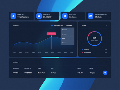 RackCrate Dashboard - Preview (Updated 2021) blue colorful control panel dark dark mode dashboard design graphic design illustration inspiration logo mockup modern panel ui design web design