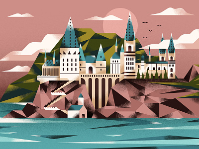 Hogwarts School beach castle flat harrypotter hogwarts illustration island lake landscape magic texture vector wizard