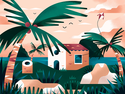 Beach House beach character coconut flat house illustration landscape palms rock texture vector