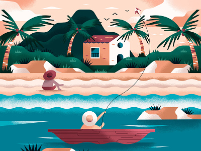 Landscape beach boat character character design coconut editorial flat house illustration island mural ocean palms texture vector