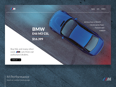 Landing page for ///M Performance used car market. adobe xd bakhtiyarhmalik bmw cars design e46 mperformance ui ux design ui design uiux