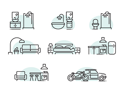 Rooms Icon Set bathroom bed bedroom car garage icon illustration kitchen motorcycle room